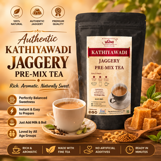 Pratima Kathiyawadi Jaggery tea pre-mix sachet for 1 litre milk — family-size gud chai