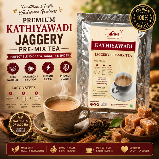 Pratima Kathiyawadi Jaggery tea pre-mix sachet for 250 ml milk — natural gud chai blend