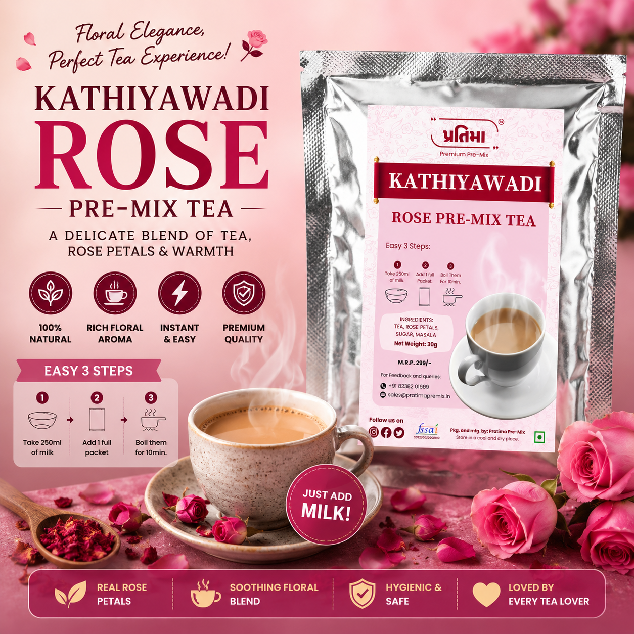 Pratima Kathiyawadi Rose tea pre-mix sachet for 250 ml milk — floral chai with real rose