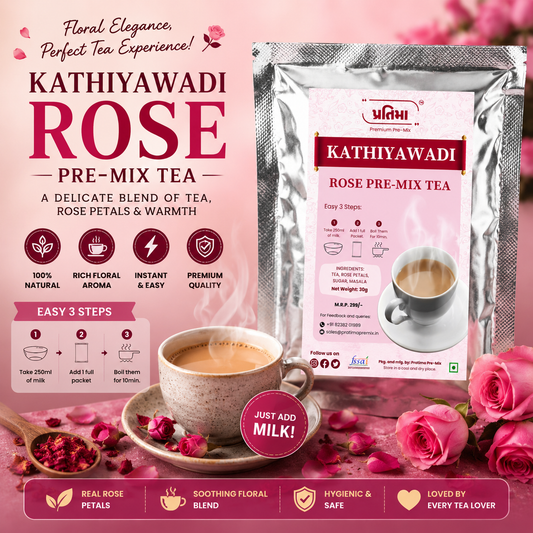 Pratima Kathiyawadi Rose tea pre-mix sachet for 250 ml milk — floral chai with real rose