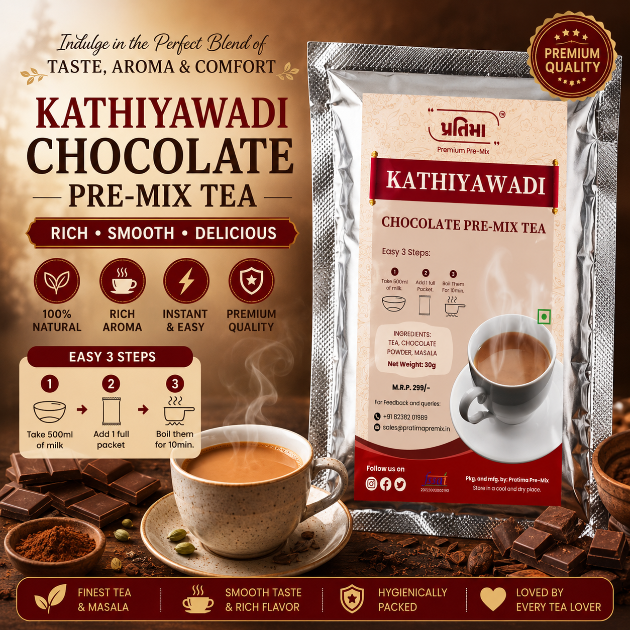 Pratima Kathiyawadi Chocolate tea pre-mix sachet for 500 ml milk — rich cocoa chai
