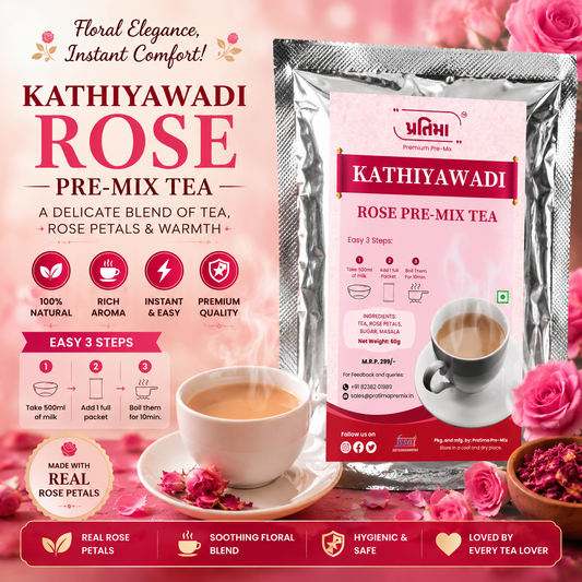 Pratima Kathiyawadi Rose tea pre-mix sachet for 500 ml milk — floral Gujarati chai