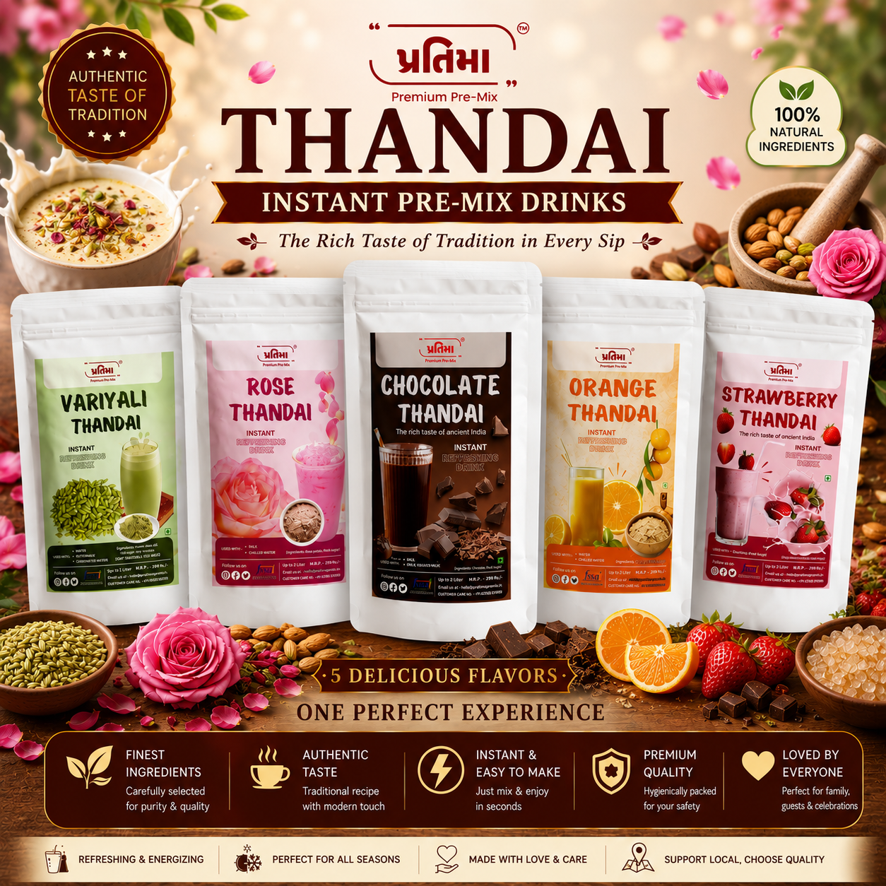 Pratima Premium Instant Thandai 5-flavour combo pack — rose, variyali, orange, strawberry, chocolate