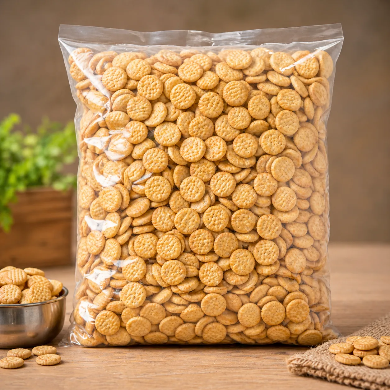 Bhau Bhau dog biscuits for street dogs — unlabelled 4 KG bag of round biscuits with a steel bowl of biscuits beside it
